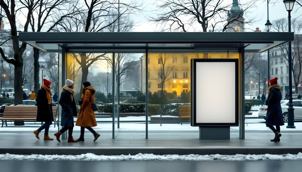 Blank Billboard at Winter Bus Stop with People Walking photo