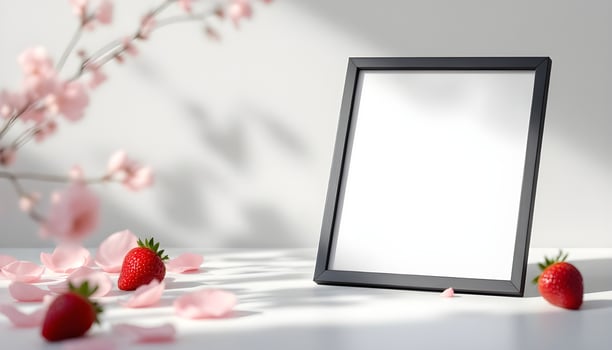 Blank Frame Mockup with Strawberries and Blossoms photo