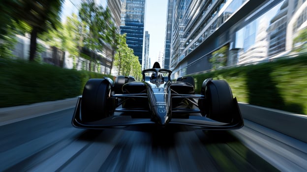 A black race car is speeding down a road in a city photo