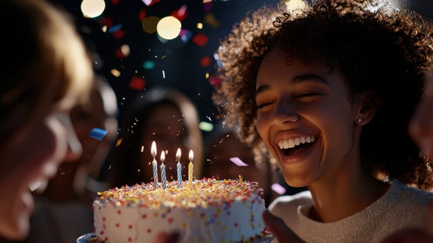 A woman is holding a cake with candles and smiling photo