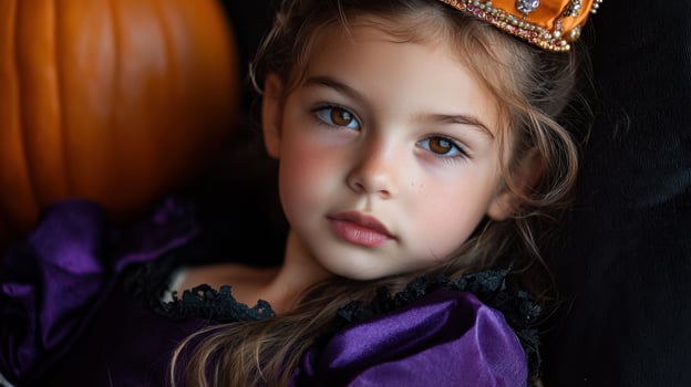 A young girl wearing a purple dress and a crown is sitting on a chair photo