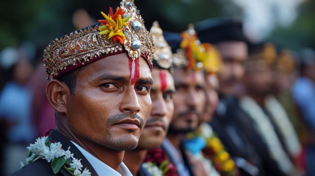 A man wearing a crown stands in front of a group of men photo