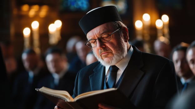 A man in a black suit and hat is reading a book photo