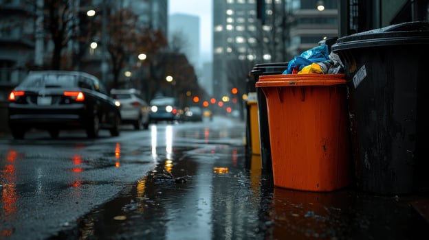 A trash can is sitting on the side of a wet street photo