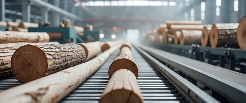 Logs moving along conveyor belt in lumber mill processing wood photo