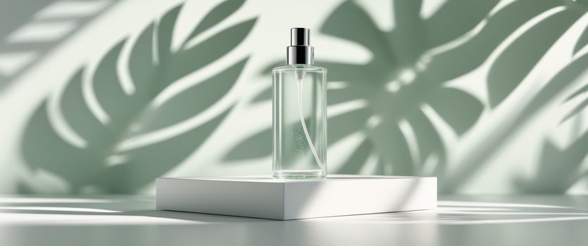 Sunlit Spray Bottle with Tropical Leaf Shadows. photo