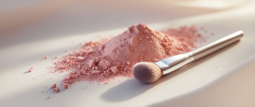 Soft pink blush powder is scattered beside a makeup brush ready for application on a clean surface. photo
