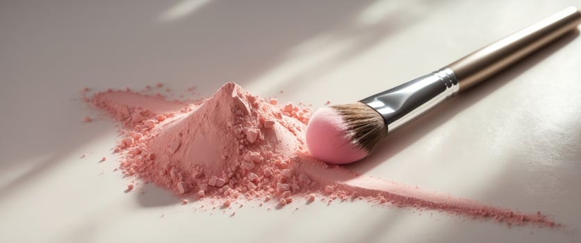Soft pink blush powder is scattered beside a makeup brush ready for application on a clean surface photo