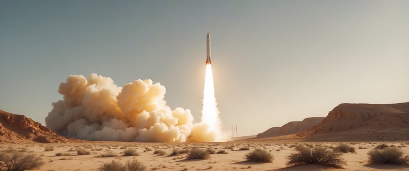 Rocket launching with cloud of smoke in the desert landscape photo
