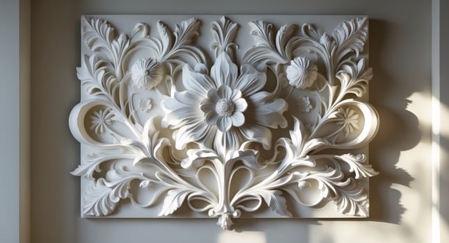 Ornate White Floral Plasterwork Relief on a Wall. photo