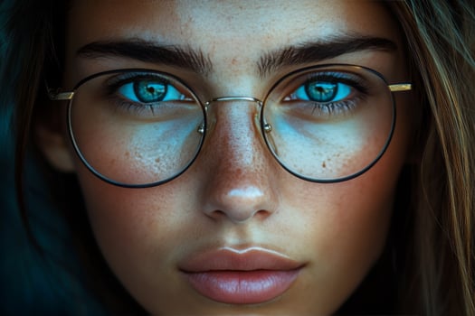 A woman with glasses and blue eyes photo