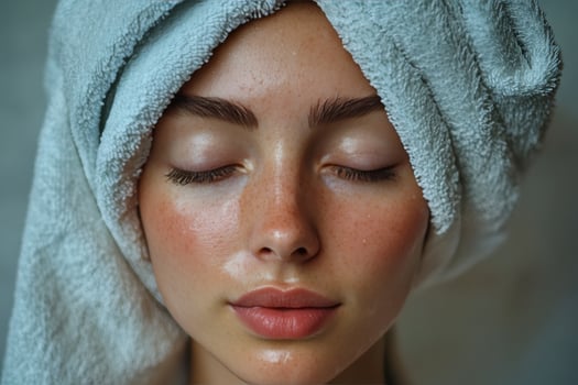 A woman with a towel over her head photo