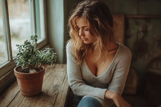 A woman sitting on a window sill with a potted plant photo