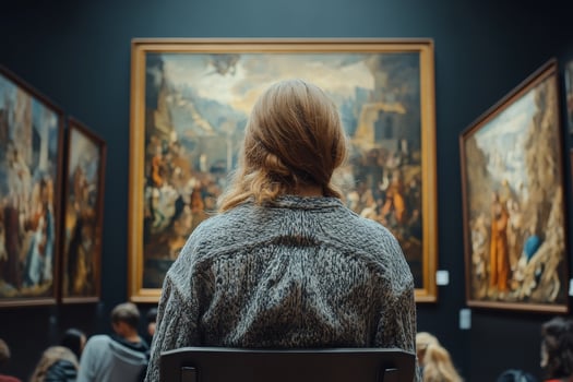 A woman sitting in a chair looking at paintings in an art museum photo