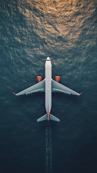 An airplane flying over the ocean at sunset photo