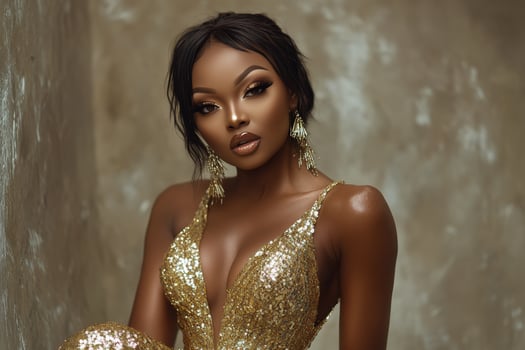 A beautiful black woman in a gold dress photo