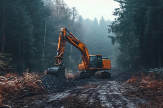 Excavator working in a forest creating a muddy road photo