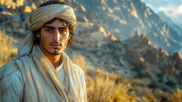 A young Afghan man in a white tunic and turban stands in a field photo
