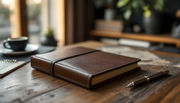 Luxurious Brown Leather Journal Notebook on Wooden Desk photo