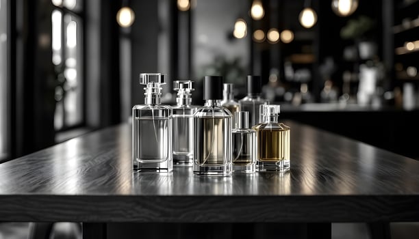 Luxury Perfume Bottles on Dark Wood Table photo