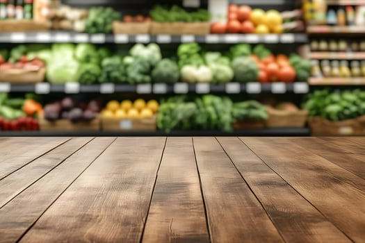 Wooden Surface with Blurred Produce Store Background photo