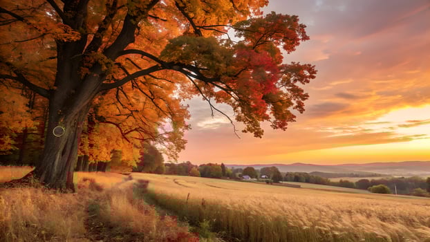 Autumn Sunset Golden Field Landscape with Majestic Tree photo