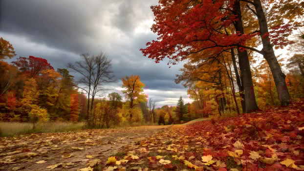 Autumnal Forest Path Under a Dramatic Sky photo
