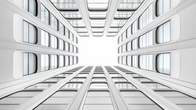 A view of a building with windows looking up photo