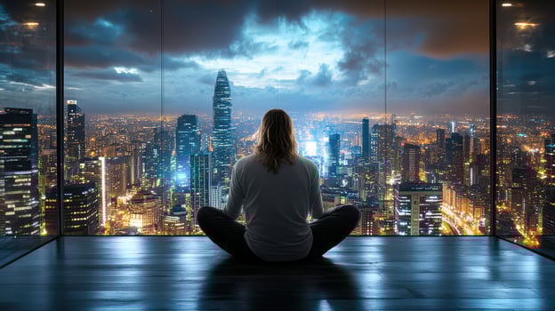 A woman sitting in front of a window looking out at the city photo