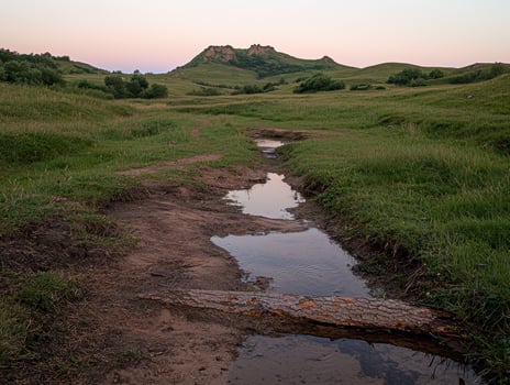 Serene landscape with a tranquil stream and distant mountains photo