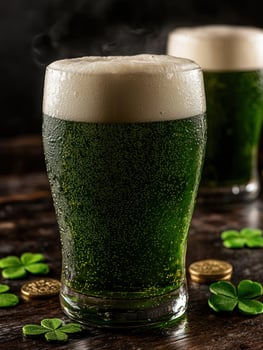 Two glasses of green beer with shamrocks and gold coins photo