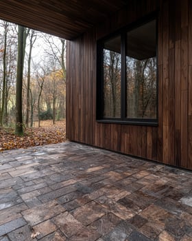 Modern house with large window overlooking autumn woods photo