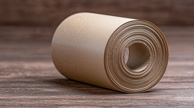 Roll of brown paper on wooden surface photo