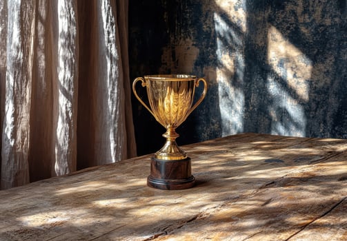 Golden trophy on rustic wooden table photo