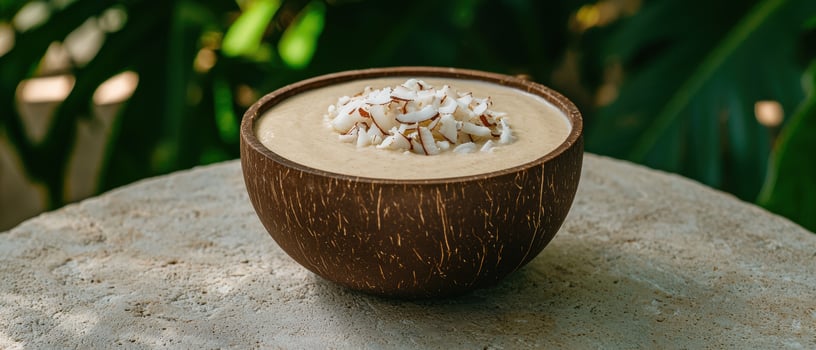 Creamy coconut smoothie bowl with shredded coconut topping photo