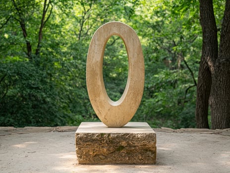 Stone sculpture of a zero in a park setting photo