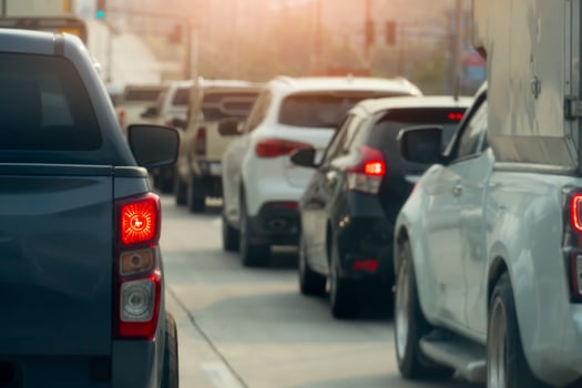 Abstract transport of rear side car on tha road. Traffic of many cars driving and quarry line up. Traffic jame for business time and travel trip. photo