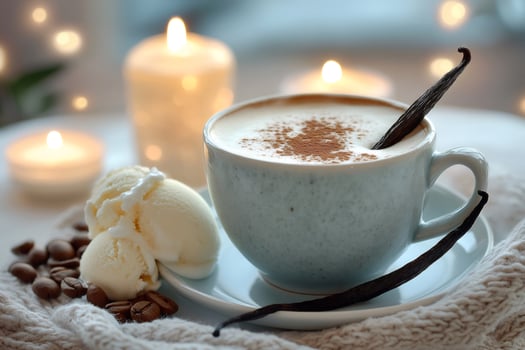 Relaxing with vanilla coffee, ice cream and candles burning photo