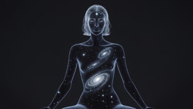 Cosmic figure meditating with galaxies and stars illuminated against a dark background photo