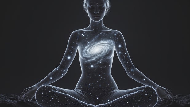 Meditating figure surrounded by cosmic elements representing the universe and inner peace in a mystical setting photo