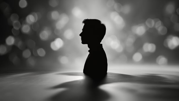 Silhouette of a person emerging from water with a dreamy background of shimmering lights at twilight photo