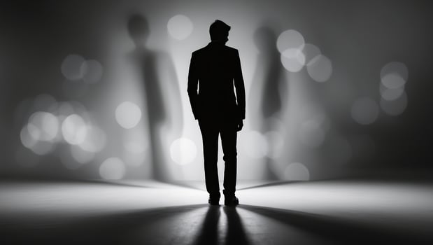 Silhouette of a man standing alone in a dramatic light setting with blurred figures in the background photo