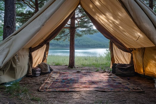 Camping tent overlooking serene lake and forest landscape photo