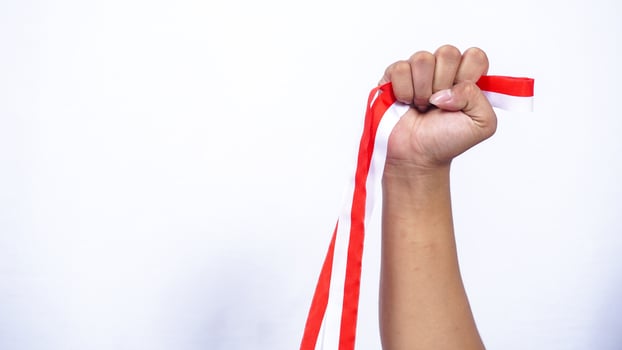 Man's Hand Holding Red and White Ribbons with Clenched Fist on White Background photo