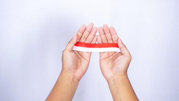 Red and White Ribbons as Representation of Indonesia Flag in Hands on White Background photo