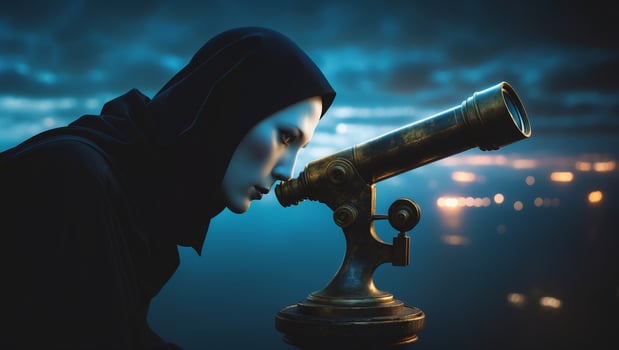 Mysterious figure gazing through a vintage telescope at night near a tranquil body of water photo