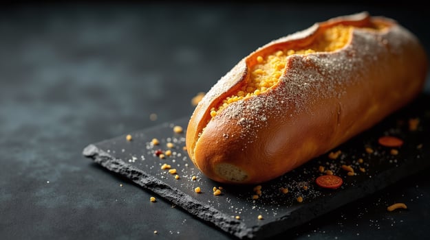 An appetizing loaf of bread with a flavorful filling, presented atop a rustic slate surface. photo