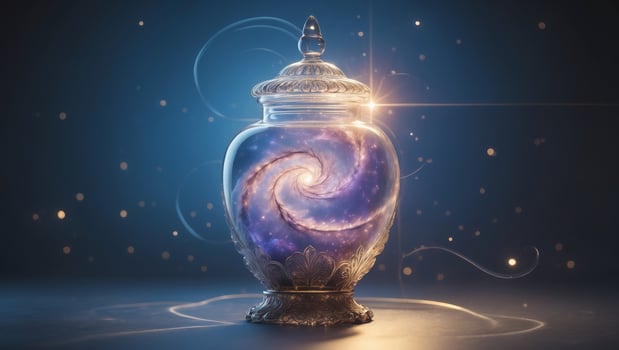Unique decorative jar with swirling galaxy design illuminated against dark background photo