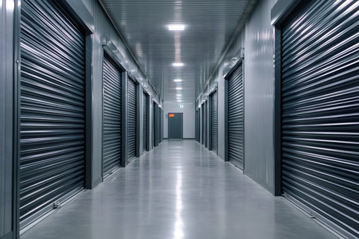 Long corridor with storage units and metal doors photo