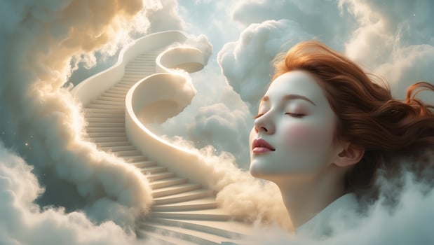 Surreal woman dreaming peacefully near ethereal staircase merging into clouds in a serene landscape photo